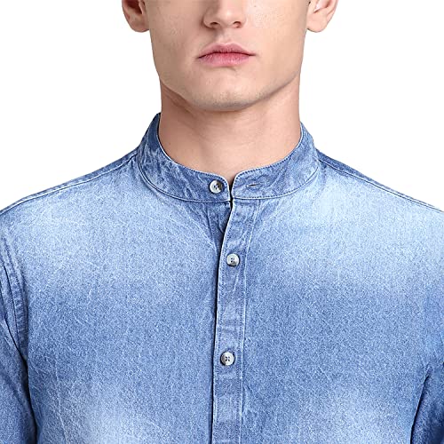 Image of Dennis Lingo Men's Solid Denim Cotton Slim Fit Full Sleeve Mandarin Collar Casual Shirt