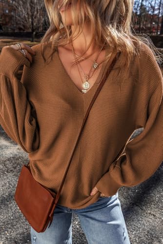 Women's Camel Ribbed Knit Drop Sleeve V Neck Loose Fit Sweater - Cozy & Chic4