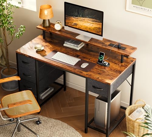 Image of Huuger 47 inch Computer Desk with 4 Drawers, Gaming Desk with LED Lights & Power Outlets, Home Office Desk with Large Storage Space for Bedroom, Work from Home, Rustic Brown and Black