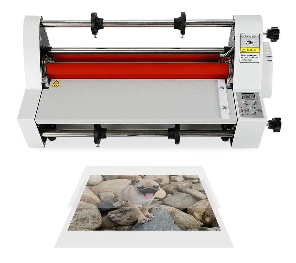 V350 Hot Cold Roll Laminator, 350mm Commercial Office Presentation Laminators Single Dual Side Thermal Laminating Machine for Paper Card Wood Veneer PVC Foil, Digital Display, Safety Protection