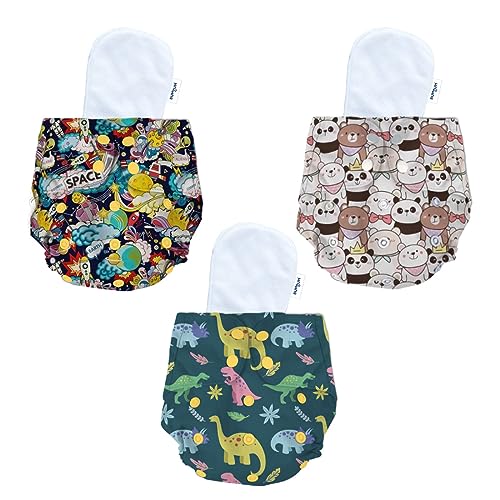 Image of Bumtum Baby Diaper | 0-3 Yrs Baby Freesize | Pack of 3, New Born Baby Diaper, Cloth Diaper, Waterproof Reusable Diaper, 5hrs Absorbency, Washable, Cotton, Extra Soft (Teddy Face, Space Old & Dinosaur)