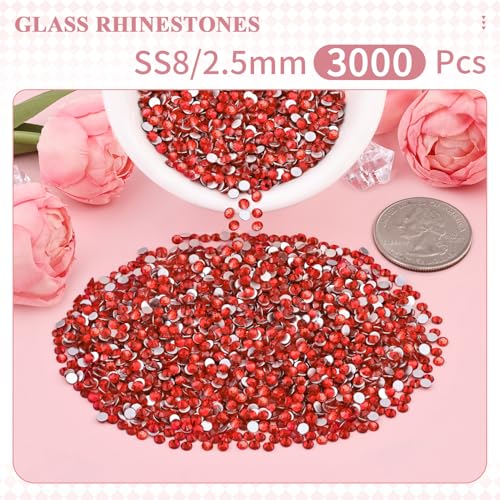 Image of 3000PCS SS8 /2.5mm Crystal Glass Rhinestones for Bedazzling (Light Red) | Flatback Red Rhinestones for Crafting DIY Crafts Art Makeup, Light Siam Gems Diamond Charms for Tumbler Shoes Clothing Mug