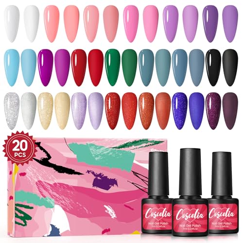 COSCELIA Pintauñas Semipermanentes, 20 Colores Esmaltes Semipermanentes para Uñas de Blanco Rojo Púrpura, Gel Nail Polish Kit Pintauñas Semipermanentes Uñas de Gel para Principiantes Art DIY