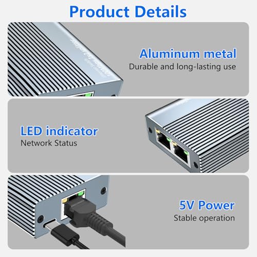 Ethernet Splitter 1 to 2, 1000Mbps RJ45 LAN Splitter Internet Splitter [2 Devices Simultaneously Networking] with USB-C Power Cord, for Cat5/5e/6/7/8 Cables for PC/Laptop, PS5, Xbox, Modems, Routers - Image 3