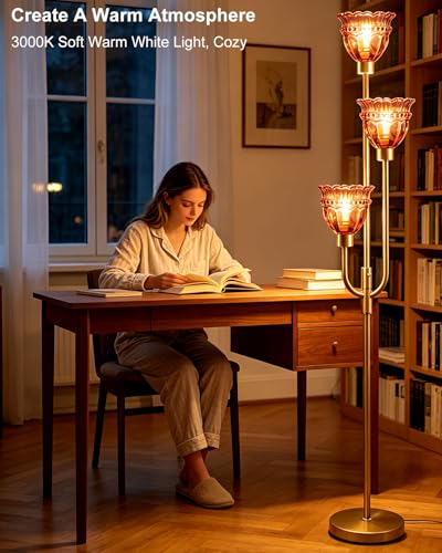 Image of Lightdot 66IN 3-Lights Modern Glass Floor Lamp Gold Dimmable Floor Lamps with 3000K Warm White Bulbs for Wedding Party Tall Standing Lamp with Deep Red Glass Shade for Living Room /Bedroom /Home Decor