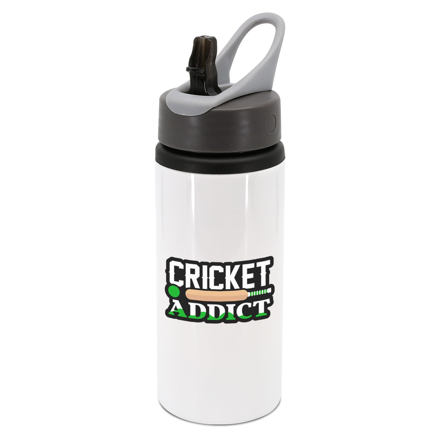 New Spirit Original Black Cricket Addict And White Text With Green Detailing Water Bottle With Handle, Drinks Bottle, Drinks Cup, Sports, Cricket Player, Cricket Bat