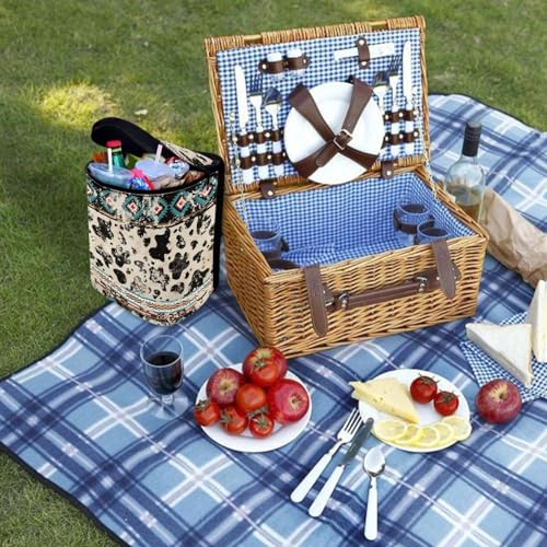 Image of Southwest Aztec Cow Car Trash Bag Foldable Hanging Car Trash Bin Can with Lid Portable Washable Automotive Garbage Storage Bag for Back Seat