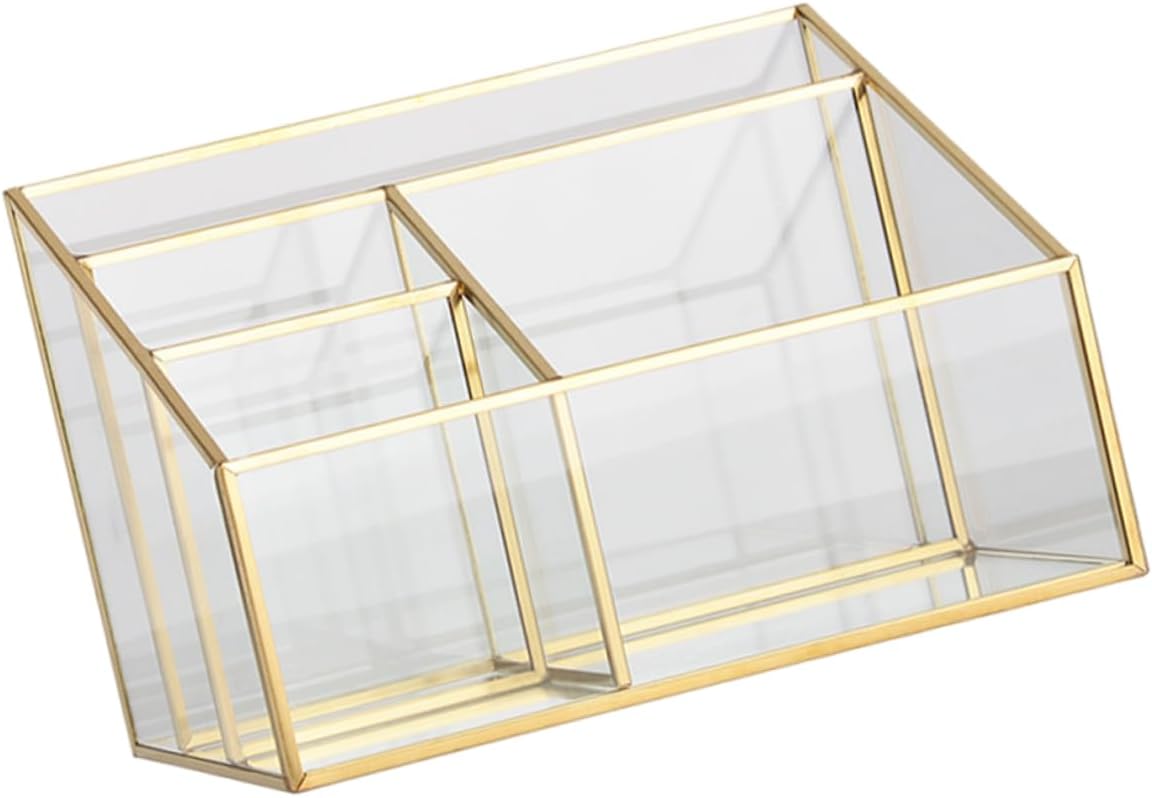 Makeup Organizer Glass Display Case Metal Frame Cosmetic Storage for Vanity Lipstick and Brush Holder Neat and Efficient Makeup