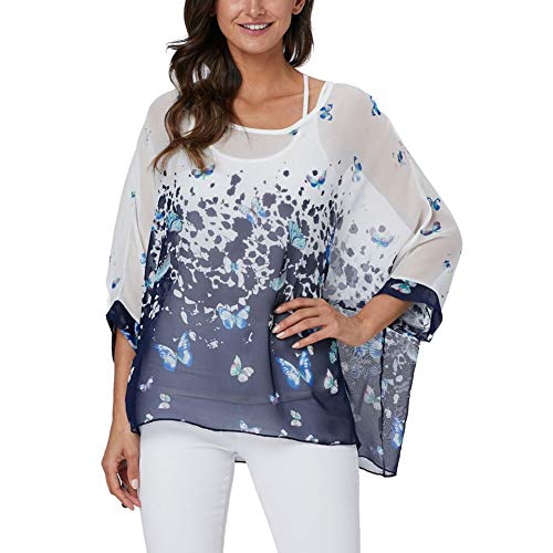 Image of Ckikiou Plus Size Batwing Flowy Semi Sheer Chiffon Blouse Tunic for Women Summer Floral Print Boho Beach Cover ups
