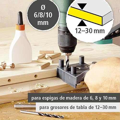 Miniatura 4 de Wolfcraft Juego Universal De Ensamblaje Con Espigas De Madera 6 8 10 Mm I 4645000 I Kit Completo Para: Uniones De Madera I Para Tableros De 12 A 30 Mm, Compatible Con Madera, Mdf Y Contrachapado