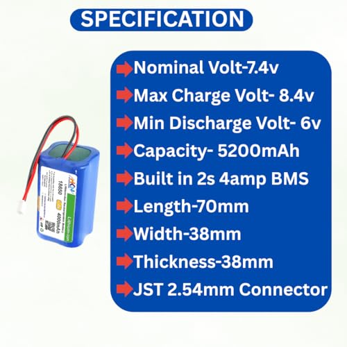Image of HKN 7.4V 5200mAh Li-ion Rechargeable Battery Pack JST-XH 2.54 /2P Plug Lithium-ion Batteries for Electronics Products Toys Lighting, Bluetooth Speaker and Equipment (5200, Milliamps)