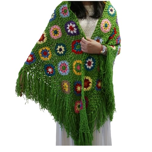 Handmade Crochet 70x34in Fringed Poncho Cape Shawls Wraps Granny Square Womens Coat Sweater