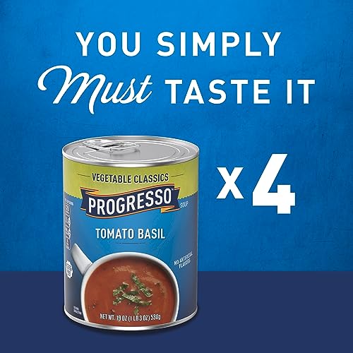 Image of Progresso Tomato Basil Canned Soup, Gluten Free, 19 oz, Pack of 4 | Vegetable classics, 1 /2 cup vegetables per serving, 120 calories, No artificial flavors, Pull-top cans