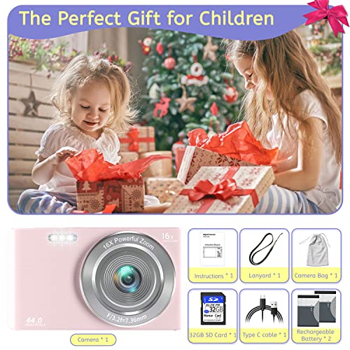 Digital Camera 4K 44Mp Compact Point And Shoot Camera With 16X Digital Zoom 32Gb Sd Card,Kids Camera 2.4 Inch, Vlogging Camera For Teens Students Boys Girls Seniors(Pink2) #TOP1