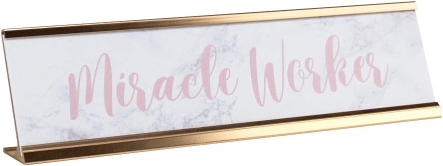 Miracle Worker Faux Marble Desk Plate / 2" x 8" Funny Office Desk Sign Nameplate/Rose Gold Cubicle Décor/Feminine Miracles Name Plate