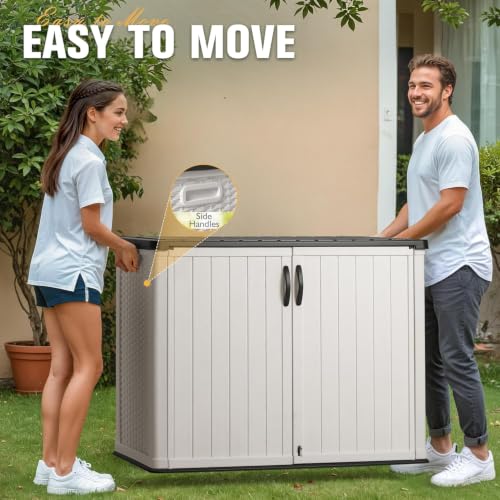 Image of Greesum Outdoor Storage Cabinet 30 CuFt, Resin Large Storage Box Weather Resistance with Lockable Doors, Easy to Assemble, Horizontal Storage Shed for Garden, Patio, Backyard, White (Without Shelf)