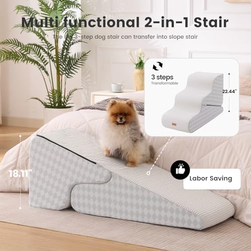 Image of Gardner Pet Dog Stairs for Small Dogs 22.4 inch H, Large 2 in 1 Transformable 3-Step Pet Stairs and ramp, Dog Steps for High Bed (22-27 inch) with Non-Slip Waterproof Cover CertiPUR-US Certified Foam,Checked