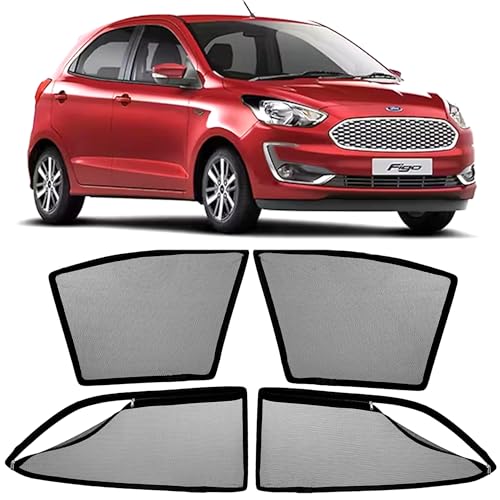 Image of AutoStory Magnetic Car Sunshade for Figo New 2015-2019 | Front Half Cut for Mirror Visibility + Rear Full Coverage with Zipper | Heavy Heat & UV Protection | Privacy Side Window Curtains Shades