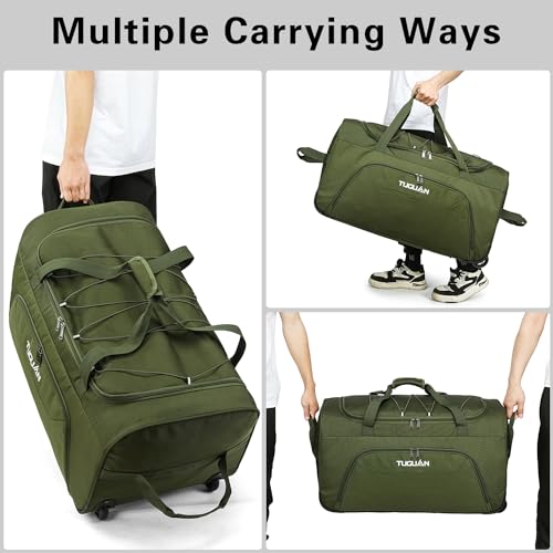TUGUAN Foldable Duffel Bag with Wheels Extra Large 110L Rolling Travel Duffle Bag with Bungee, 28 inch Packable & Collapsible Carry on Luggage for Storage Traveling Camping, Green3