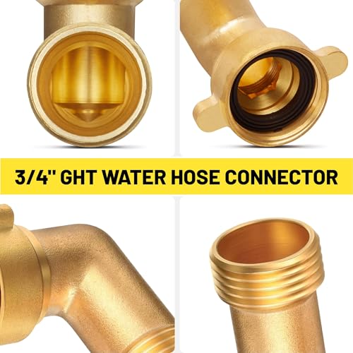 Image of Oyviny 90 Degree Garden Elbow Water Hose Connector, 3 /4 inch FHT Outside Water Faucet Solid Brass Hose Connection with 4 O-rings Garden Hose Fittings Connector, Water Hose Elbow for RV & Garden