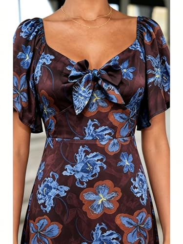 Image of Fashionme Womens Dresses 2026 Maxi Dresses Deep V Neck Elegant Bow Tie Front Cap Sleeve Summer Floral Satin Smocked Dress