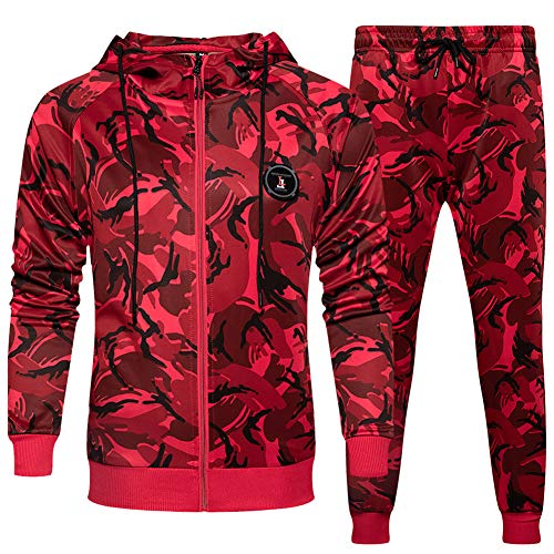 Men Tracksuit Set Camouflage Sweatshirt Jogger Sweatpants Solid Patchwork Warm Sports Suit, Camo Red-S #TOP8
