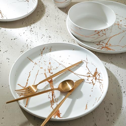 Image of Stone Lain Porcelain 16 Piece Dinnerware set, 4 Full White Gold Splash Sets