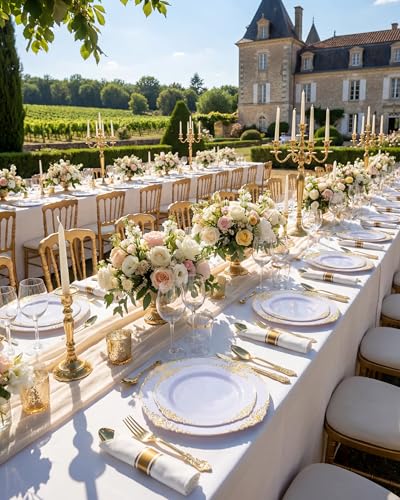 Nervure 350PCS Gold Plastic Plates - Gold Plastic Dinnerware Sets for 50 Guests - 100 Disposable Plates, 150 Silverware, 50 Cups, 50 Napkins for Wedding & Party