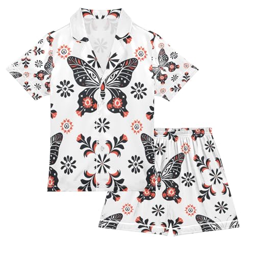 senya An Tribal Butterflies Satin Summer Pajama Sets Silk Short Sleeve Button Down Sleepwear