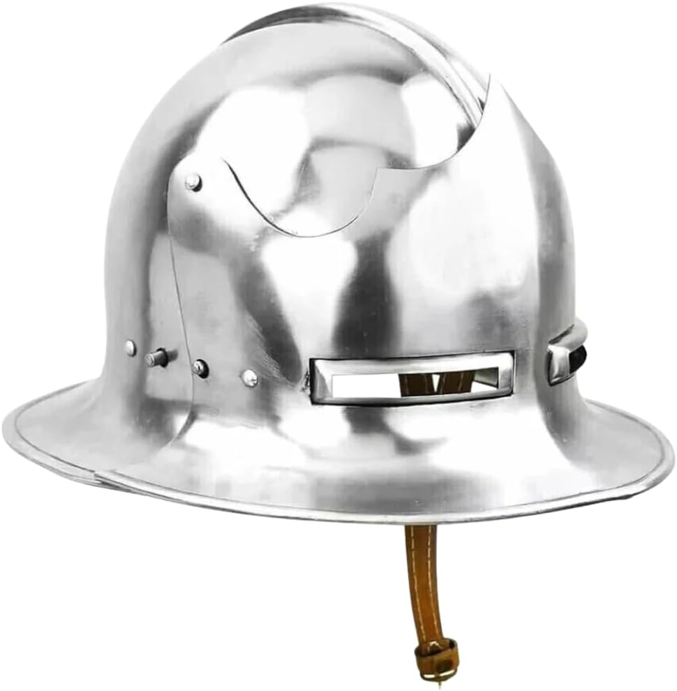 Medieval German Swiss Visored Kettle-Sallet Helmet, Silver Armor Costume Headwear
