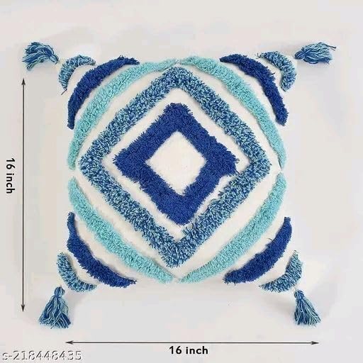 Image of Cushion Cover Pack of 4 (16x16 Inches) | Cotton Textured Decorative Throw Pillow Case for Sofa Bed Living Room Tufted Cushion Cover with Tassels (Blue Dimond)