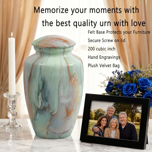 Image of Green Marble Finish Cremation Urn for Ashes Adult Male Female | Large Memorial Urn for Human Ashes Men and Women,Decorative Burial Urn for Dad /Father /Grandpa /Brother /Mom /Mother