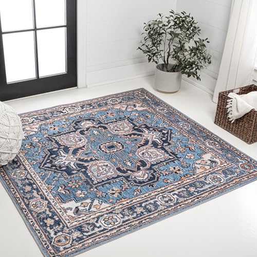 Tapete Cuadrado Azul Beige Lavable 6x6 ft