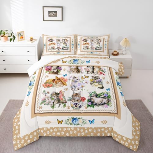 Parure de lit motif de chats mignons housse couette fleurs et papillon - 6