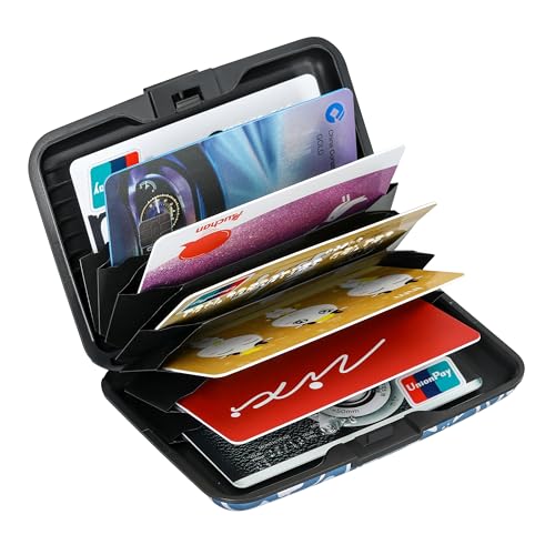 Image of ELFISH RFID Blocking Credit Cards Holder Aluminum Wallet Metal ID Case for Men Women, Blue Printed Pattern