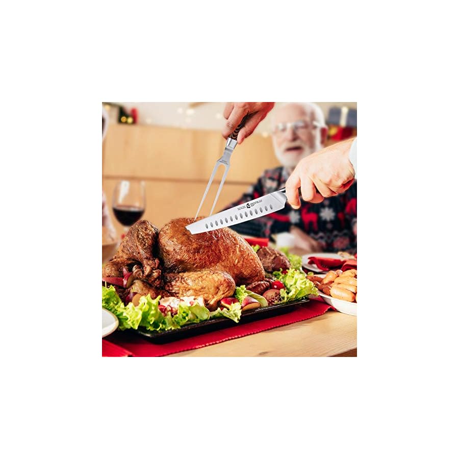 TUO Slicing Set - 9" Carving Knife & 7" Fork - Hollow Ground German Stainless Steel Carving Knife and Fork Set 2 Pcs - Pakkawood Handle - Luxurious Gift Box Included - Fiery Phoenix Series