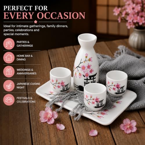 Image of Melbify Japanese Sake Flower Blossom Design Set | 1 Pc Sake Bottle(180 ml) & 4 Pc Sake Cup(45 ml) | Traditional Craftsmen's Hand Painted Design | Sake Serving Set | House Warming Gift | Anniversary