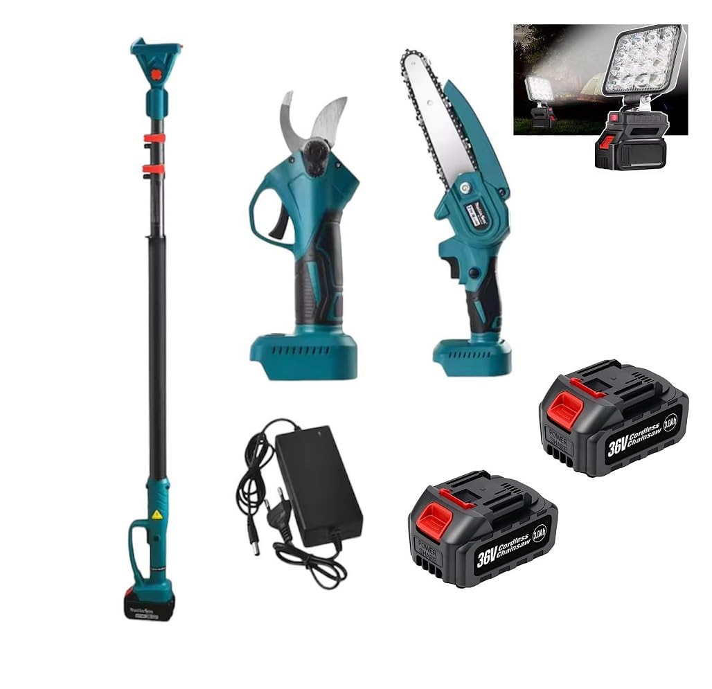 Kit Potatura Motosega Elettrico Forbice Elettrico Faro led da lavoro illuminazione con 2 Batteria 36 V Asta Telescopica per Potatura Alberi Piante Siepi