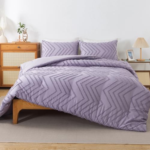 Image of Andency Purple Comforter Set Full Size, Boho Girls Women Lavender Soft Fluffy Warm Lightweight Bedding Comforter Sets for Full Bed, 3 Pieces Chevron Tufted Aesthetic Microfiber Comforter Set