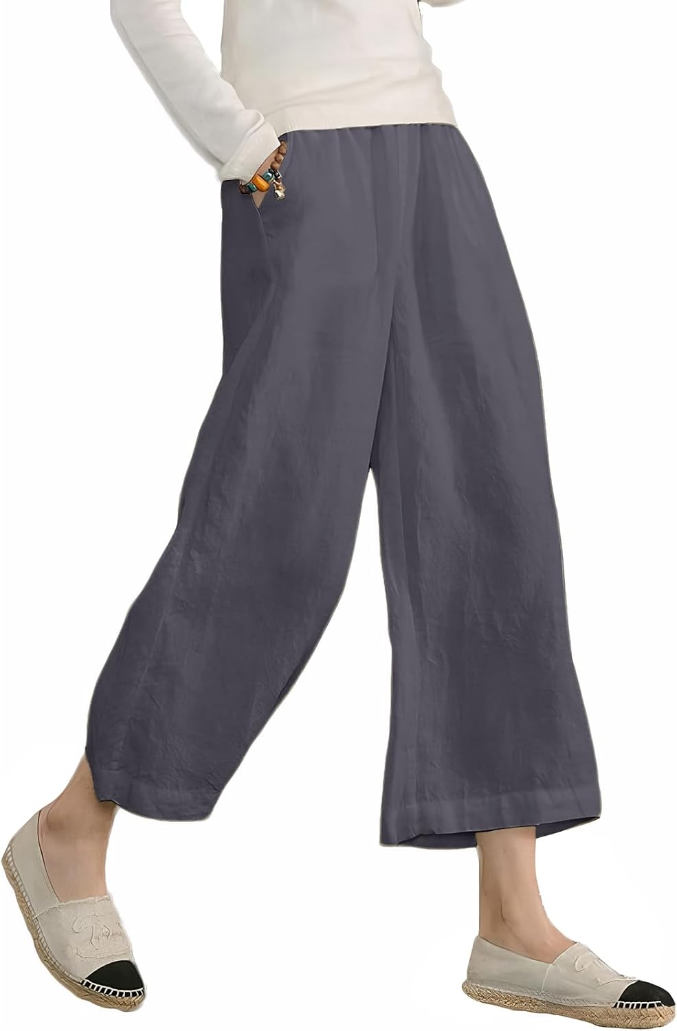 ECUPPER Womens Cotton Cropped Pants Loose Fit Wide Leg Capri Casual Plus Size Elastic Waist Trousers