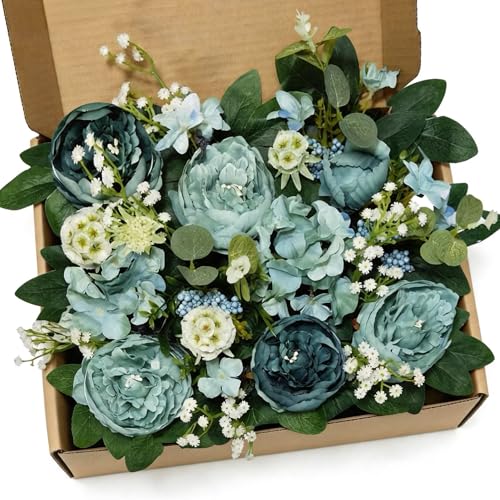 RyxnSiope Turquoise Teal Blue Artificial Silk Peony Bouquet White Babys Breath Mixed Flowers Combo Box Wedding Centerpiece Arrangement with Greenery Decorative Floral (Teal Peony)
