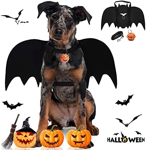 Halloween Dog Costume Pet Bat Wings, Funny Costumes for Medium Large Dogs, Puppy Cosplay Apparel with Dog Leash and Pumpkin Bells, Adjustable Bat Wing for Party Outfit Clothes