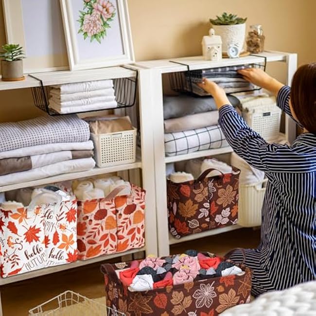 Geelin 3 Pcs Fall Storage Baskets for Gifts, Collapsible Waterproof Canvas Harvest Autumn Maple Leaf Storage Bin Organizer with Handles for Book Closet Shelf Nursery Thanksgiving Day Halloween Decor