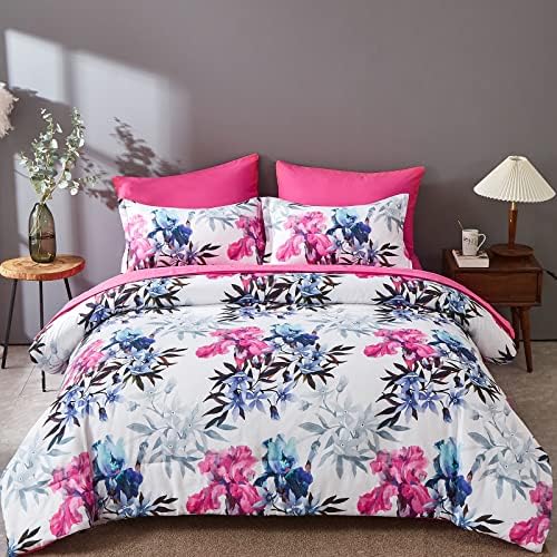 ZEIMON 7 Piece Bed in A Bag Queen Floral Comforter Set, Pink and Blue Botanical Flowers Leaves Comforter and Sheet Set, Soft Lightweight Microfiber Bedding Sets for All Season(White,Queen)