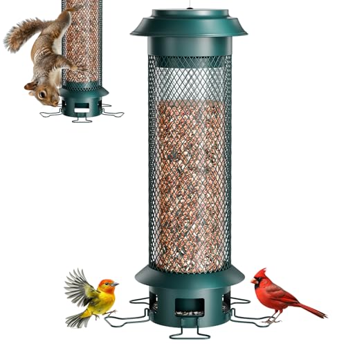 Wellavich Squirrel Proof Metal Bird Feeder, Extra Wide Feeding Space, Removable Tray for Easy Cleaning, 5 Perches, 4 Lbs Capacity, Weight-Activated Tube Bird Feeder for Outdoor Cardinals, Finches
