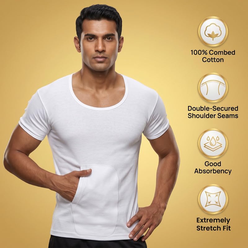 Image of Amul Comfy Men's Cotton White Interlock-Fabric Vest with Pocket and Half Sleeve Pack of 3.