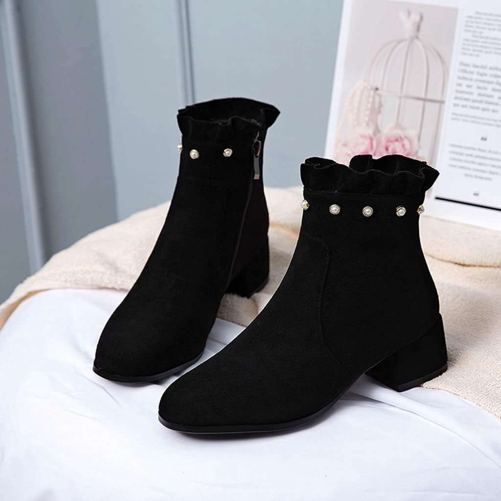 Women's Round Toe Pearls Dressy Ankle Boots Suede Side Zipper Block Low Heels Dress Short Booties
