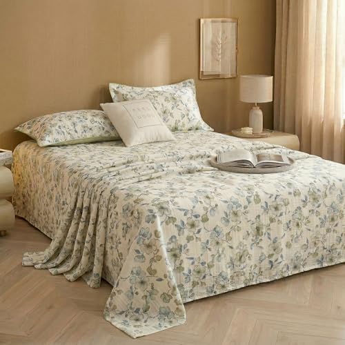 Image of BSB HOME Cloud Cotton King Size bedsheet | Flatsheet Summer Sheet with Two Pillow Covers | Super Soft Bed Sheet for King Size Bed Durable| Floral Design (270 x 250 cm, Off White & Sage Green)