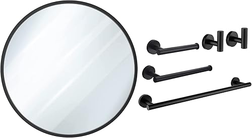 USHOWER Juego combinado de espejo redondo de 24 pies y 5 piezas de accesorios de baño, color negro mate