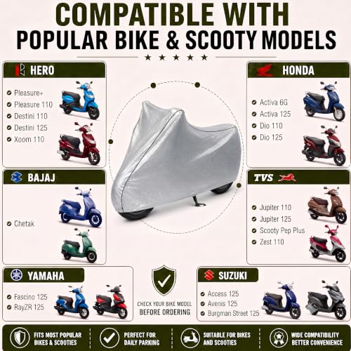 Image of Pivalo 100% Waterproof (Tested) Bike Body Cover for All Scooty & Scooters | Multi-Layer Dustproof & UV Protected | All Weather Protection Two Wheeler Motorcycle Cover (L, Silver)